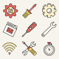 Colorful line icons set tools gear wifi stopwatch