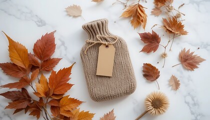 Cozy knit hot water bottle with autumn leaves