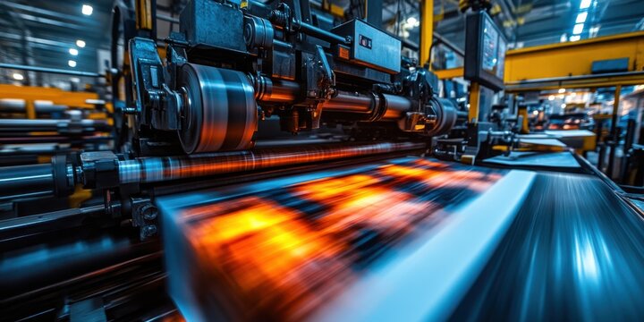 High-speed printing process manufacturing plant machinery industrial environment close-up view technology innovation