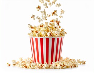 Popcorn flying out of red white striped paper box isolated on white background 