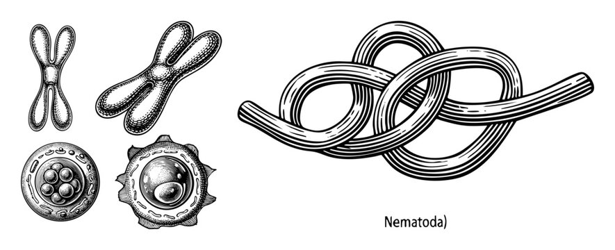 Vector Detailed illustrations depict various forms of nematode organisms in a vintage engraving style.