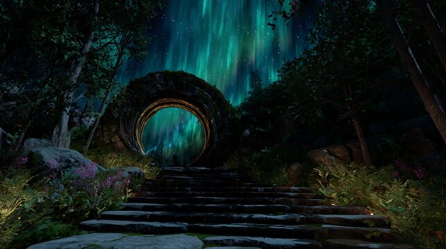 Stone Steps Leading to Aurora Borealis Through Forest Portal at Night
