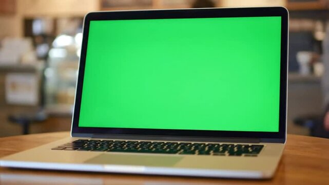 Laptop Green Screen on Table in Cafe