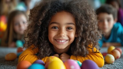 Fototapeta premium Easter egg hunt celebration community center photography indoor close-up joyful children with colorful eggs