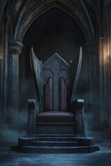Majestic Futuristic Royal Throne with Black Leather and Ancient Runes in Dark Gothic Castle