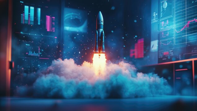 Rocket launch, futuristic control room