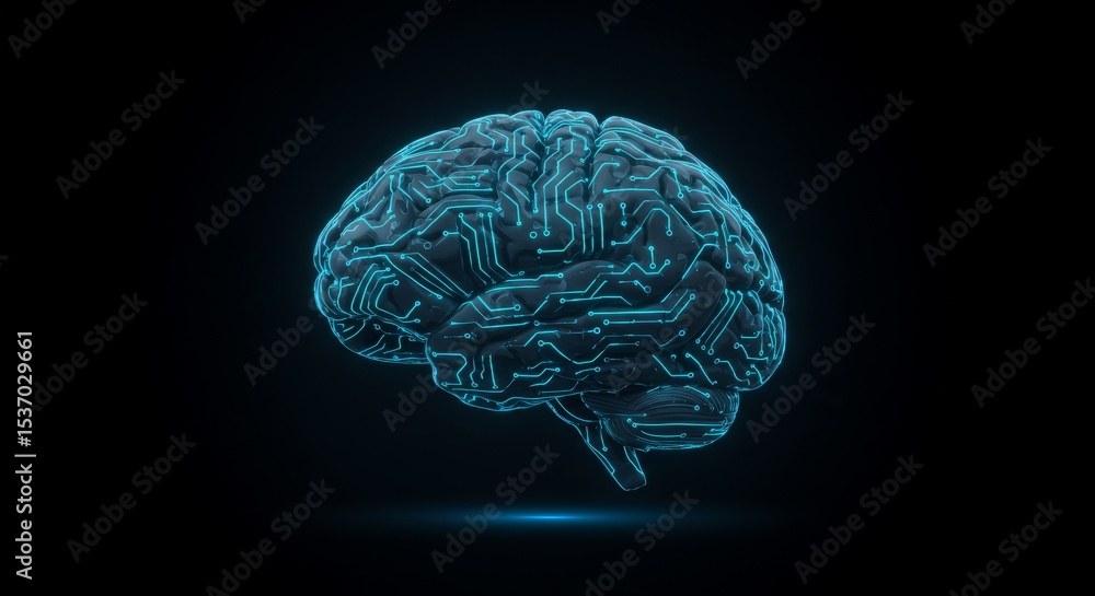 Poster brain circuitry - a 3d of a human brain with integrated circuitry, symbolizing artificial intelligen