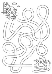 Maze activity sheet for children. Cute maze for kids. Kids labyrinth puzzle. Black and white maze puzzle game for children with illustration of kids playing in the pool.	