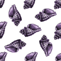 Hand drawn vintage seamless pattern of purple sea shells in engraving sketch style, marine ocean summer design
