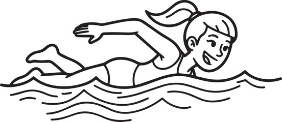 A black and white outline illustration of a smiling person swimming in a body of water with a turquoise background.