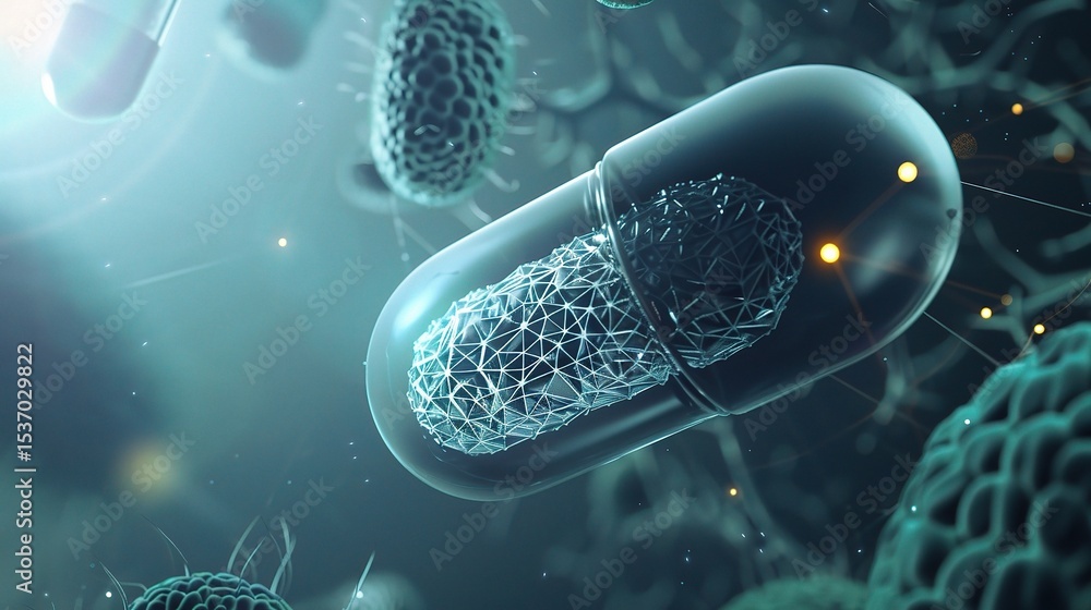 Poster 3d rendering of a transparent capsule with red microorganic material inside， the scene conveys an at