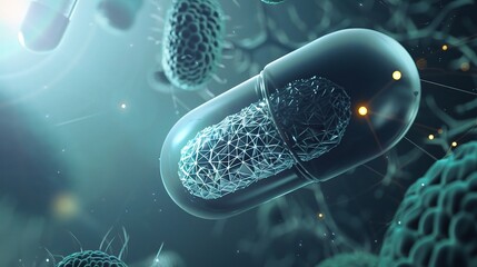3D rendering of a transparent capsule with red microorganic material inside， The scene conveys an atmosphere of scientific research, healthcare, or medical development.