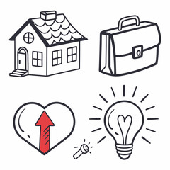 Hand drawn house briefcase heart idea icons set