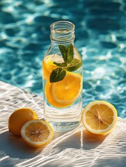 Glass Bottle with Citrus Lemonade and Mint on Bright Background by Clear Water, Copy Space