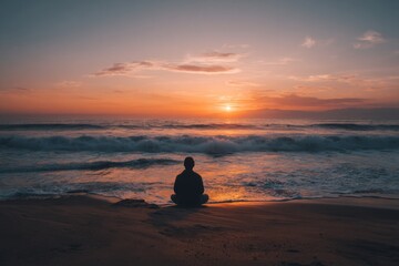 Person sits in lotus position at peaceful beach during vivid sunset, ocean waves with colorful sky backdrop, calm and solitary scene
