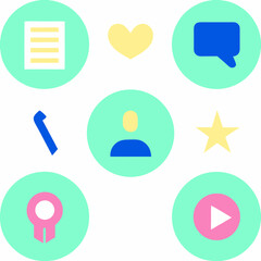 Colorful icons representing document heart chat pen profile star award play button