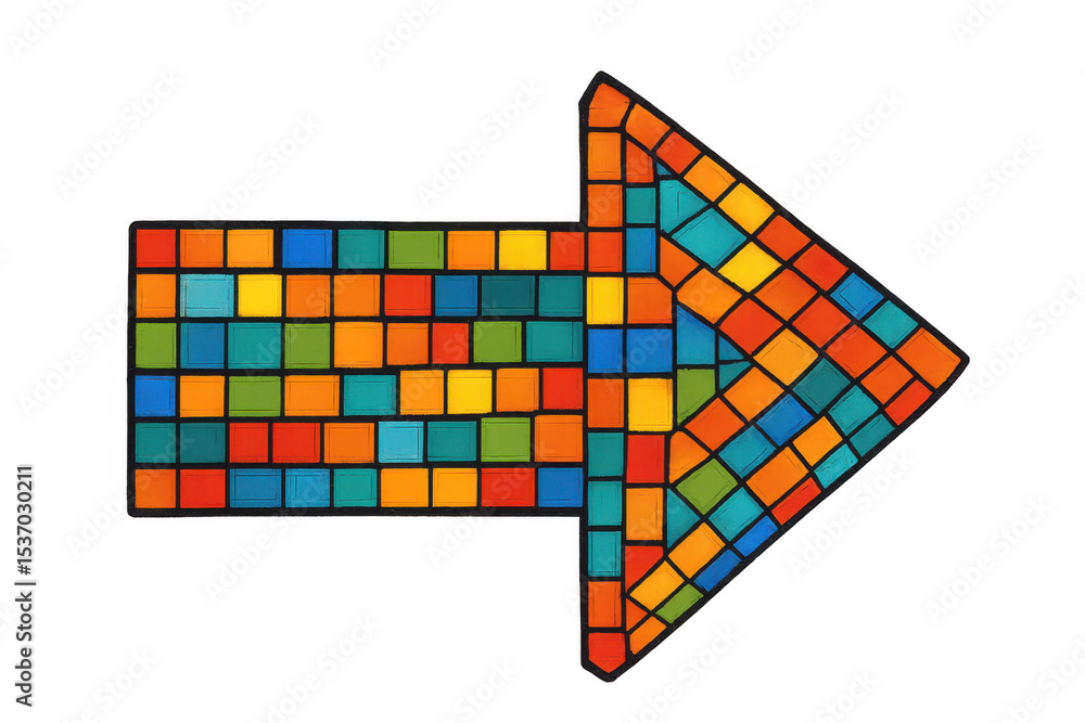 Poster vibrant multicolored mosaic arrow pointing right, ideal for indicating direction or progress, with t