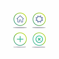 Simple green and blue circular ui icons home settings add remove