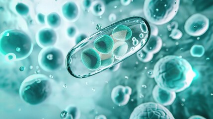Abstract background with a human cell and bubbles, a medical concept of cell culture for skin ，focus on the central cell structure.