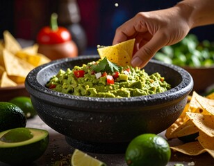 avocado Guacamole on molcajete real Mexican traditional procedure