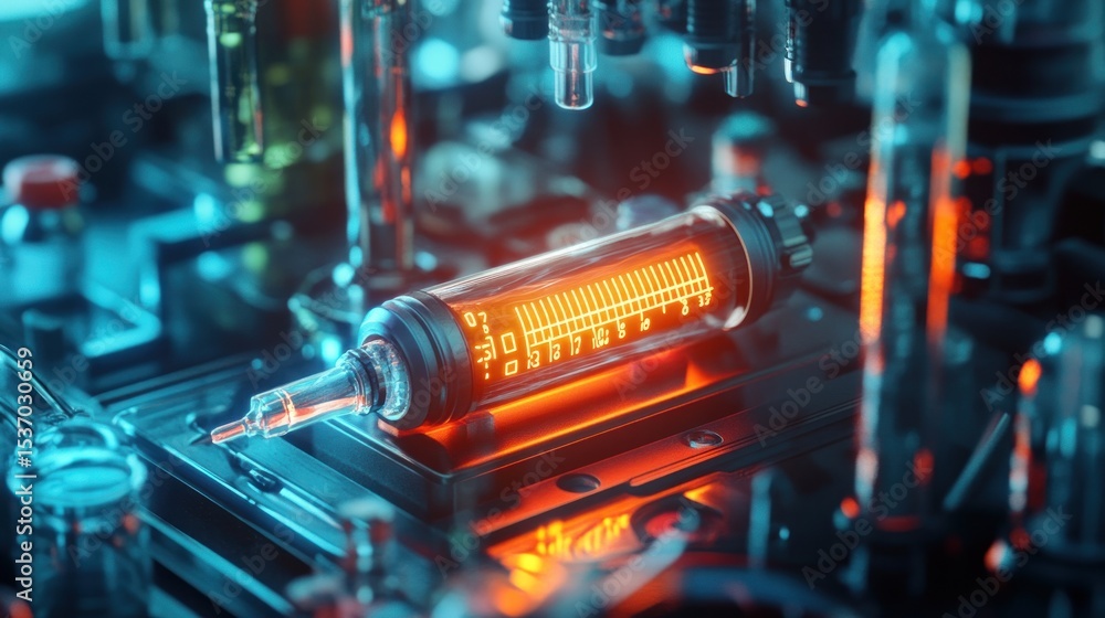 Poster advanced futuristic syringe concept on illuminated circuit board background