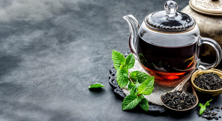 Glass teapot with black tea and fresh leaf decor on gray stone background. Tea ceremony and hot drink concept. Still life composition for banner, design with copy space