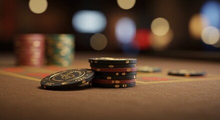 Close-up of casino chips on a gaming table symbolizing risk and reward