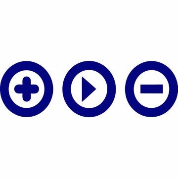 Simple blue circle plus play minus icons set design