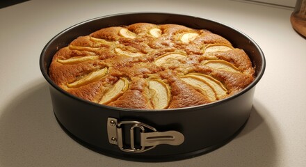 Delicious Apple Cake in Baking Pan - Homemade apple cake, golden brown and baked to perfection in a round baking pan. Sweet treat, perfect for dessert
