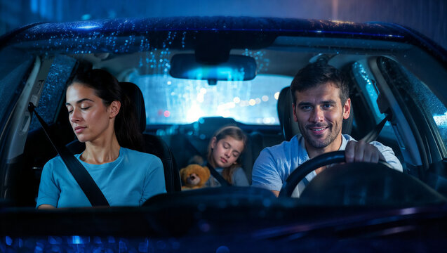 Father driving safely at night while his wife and daughter sleep peacefully in the car during a family road trip. Generative AI