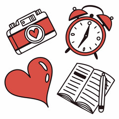 Cute hand drawn icons camera clock heart notebook pen