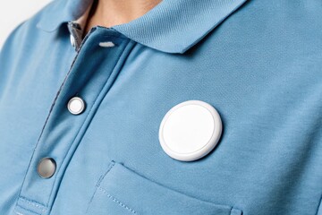 Blank button pin badge mockup, A close-up image of a blank round pin attached to the pocket of a polo shirt, showcasing fabric texture and accessory details.