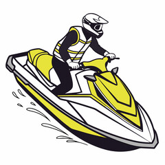 Person riding a yellow and white jet ski wearing a helmet and safety vest