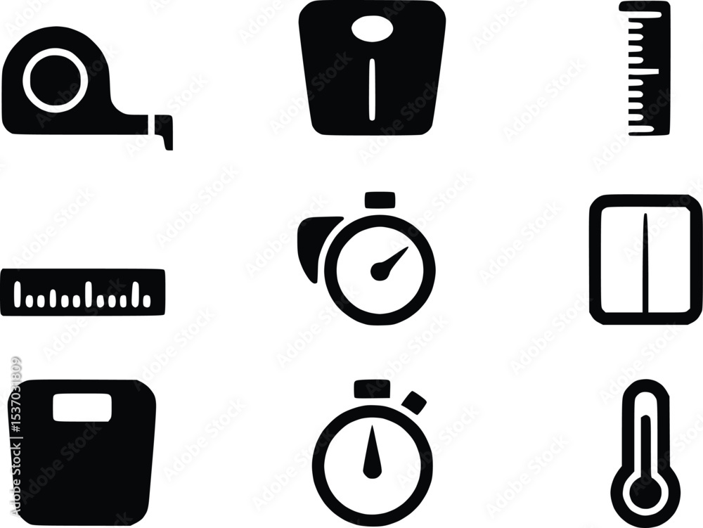 Poster measuring tool icons weight scale symbols instruments ruler thermometer stopwatch vectors