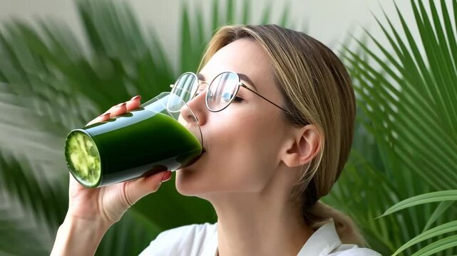 Refreshing green drink tasting by a woman in a bright indoor setting surrounded by plants