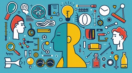 A flat illustration of an educational scene with icons representing different artistic, scientific, and technological elements in the background.