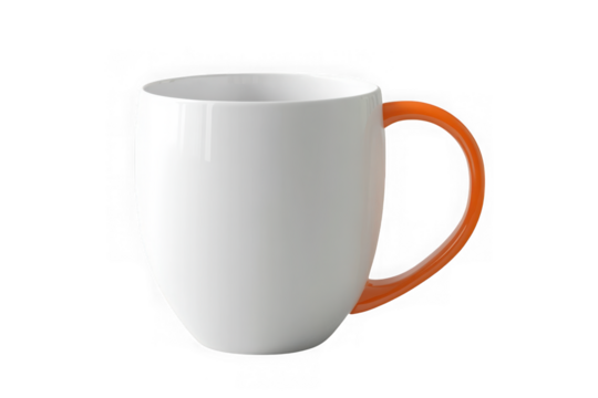 White mug with orange handle isolated on transparent background