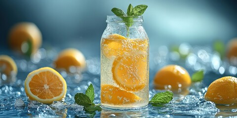 Glass Bottle with Citrus Lemonade and Mint on Bright Background by Clear Water, Copy Space