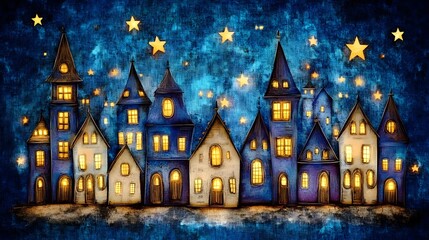 Enchanted Night Village, Cozy Houses Under Starry Sky