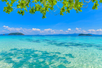 Tropical paradise beach of beautiful Nyaung Oo Phee island on sunny day in Myanmar