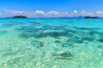 Tropical paradise beach of beautiful Nyaung Oo Phee island on sunny day in Myanmar