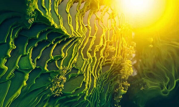 Sunlit terraced rice fields on a mountain slope with dramatic shadows and glowing green vegetation.