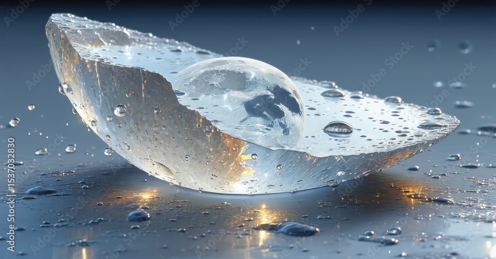 Poster Clear ice sculpture holds miniature globe. Water droplets surround fragile form. Light reflects, creating luminous effect. Beautiful, delicate presentation.