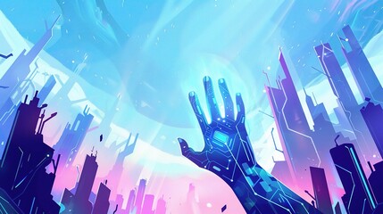  A digital illustration of an animated robot hand reaching out from the bottom right corner.