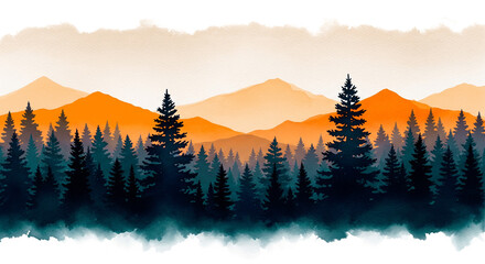 watercolor landscape of a pine forest silhouette
