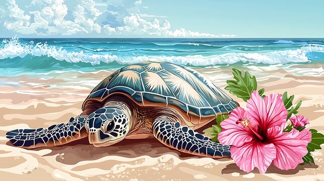 Clipart Hawaii beach with a large, friendly sea turtle swimming gracefully in the foreground near the shore a few vibrant hibiscus flowers blooming on the sand and distant gentle waves a harmonious