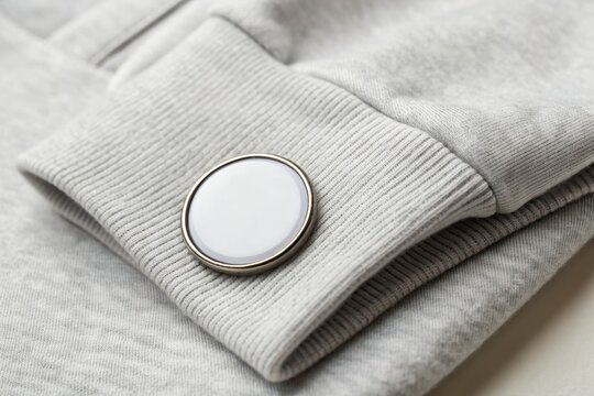 Blank button pin badge mockup, Close-up view of a circular blank pin attached to a sweat fabric, ideal for showcasing customizable accessories or promotional items.
