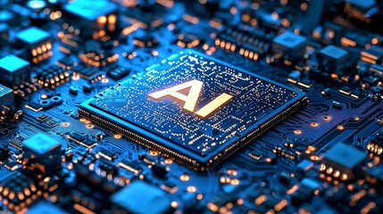 A close-up view of a motherboard showcasing AI technology.