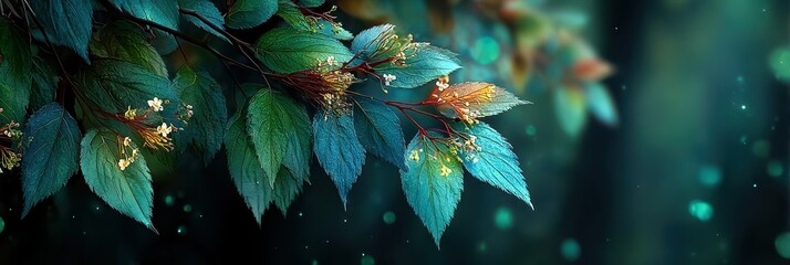 Vibrant leaves with delicate flowers illuminated by soft light in a serene forest setting during early morning