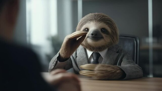 Faultier im Bewerbungsgespr&auml;ch mit ernstem Gesichtsausdruck. K&uuml;nstliche Intelligenz KI